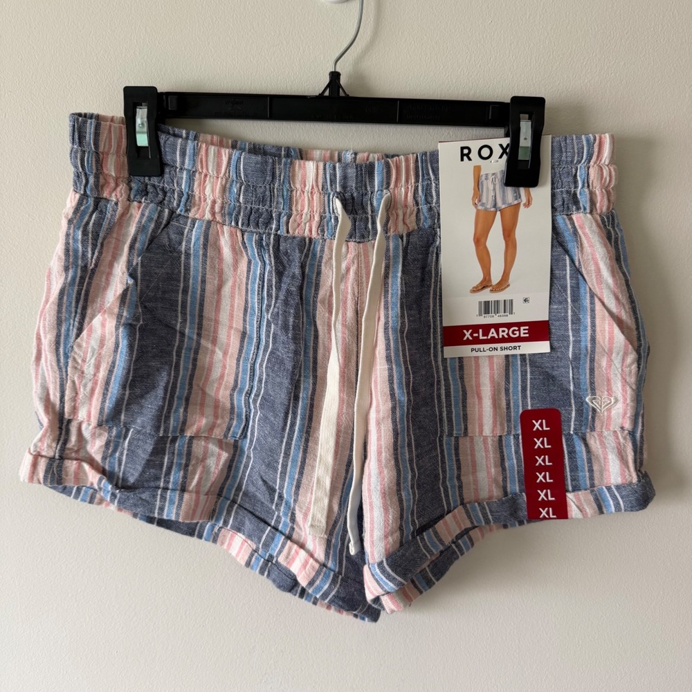 Roxy Womens XL Blue Pink Striped Linen Blend Pull-On Shorts NWT
